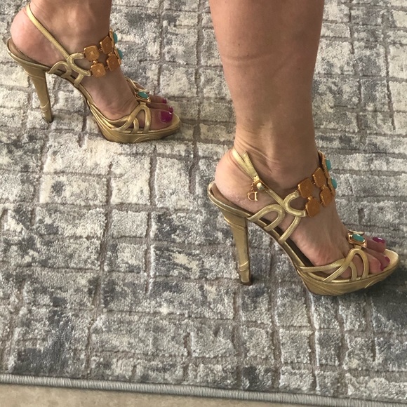 Dior gold and torquoise sz 6.5 platform sandal - Picture 3 of 7